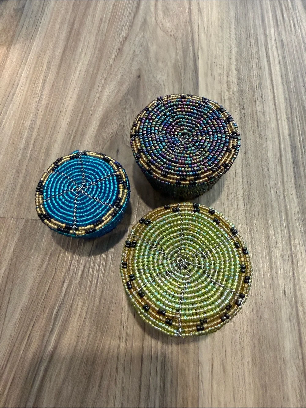 Handwoven Beaded Round Storage Boxes Set - Blue, Green & Multicolor